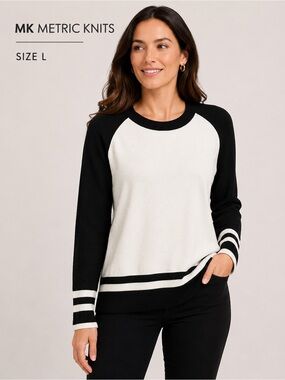 MK Metric Knits Black White Colorblock Sweater Size L Chic Casual